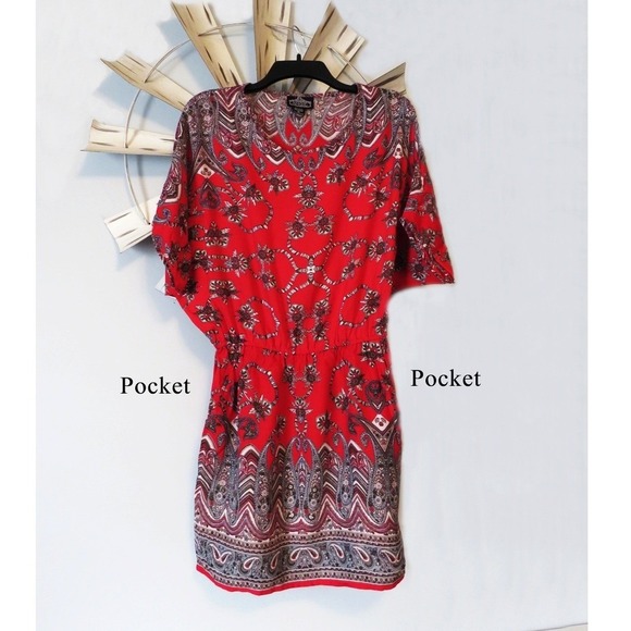 Angie Dresses & Skirts - Angie Boho Red  Gray Pailey Dolman Sleeve Mini Dress Size Small Made in India